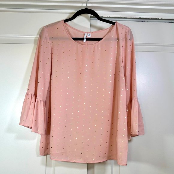 Elle Soft Pink with Gold Polka-dots Bell Sleeve Blouse - M - Picture 1 of 8